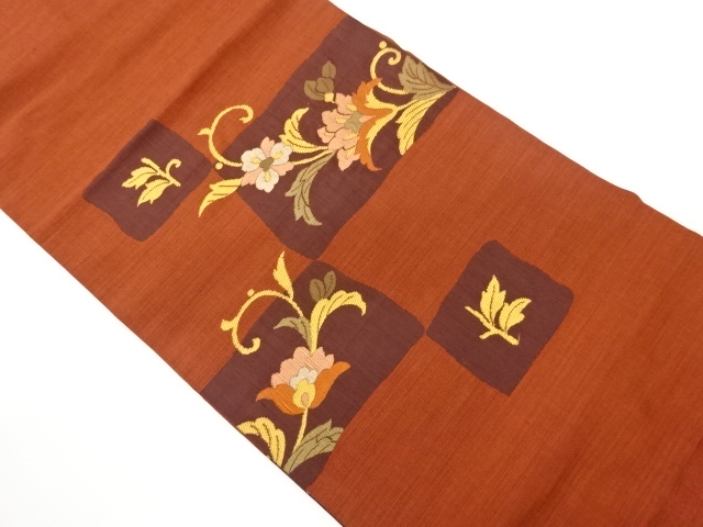 抽象四角に花葉模様織出し名古屋帯